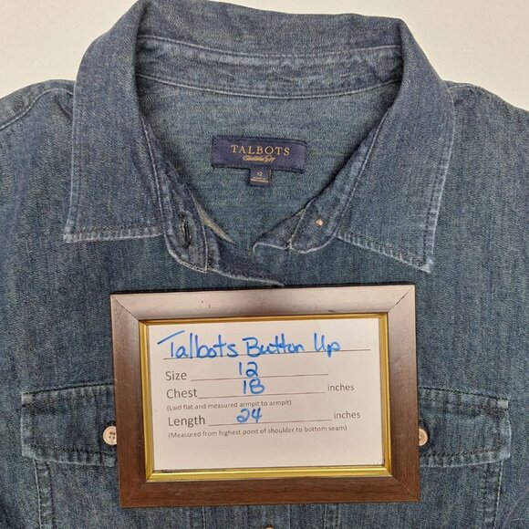 Talbots Western Denim Shirt Button Down Dark Wash Womens 12 Pockets Blue Country - Picture 6 of 10
